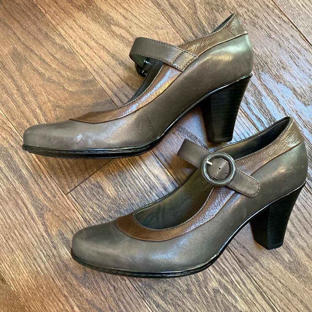 Clarks gray Mary Jane heels, size 8 M. Brown trim. Good used condition